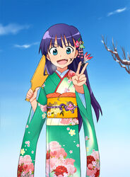  aqua_eyes blue_sky commentary_request day facepaint female hagoita hair_ornament hanetsuki japanese_clothes kanoko_(pattern) kanzashi kimono kiyal_bachika kiyalunga long_hair obi obiage obidome obijime oerba_yun_fang paddle purple_hair sash shippou_(pattern) sky smile solo supinosu tengen_toppa_gurren_lagann v 