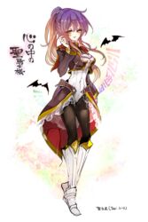  alternate_costume alternate_hairstyle armor black_pantyhose blonde_hair blush boots cis_(carcharias) cosplay covered_navel female gradient_hair greaves hijiri_byakuren knee_boots long_hair looking_at_viewer multicolored_hair official_alternate_costume pantyhose ponytail purple_hair smile solo sorcerer&#039;s_sutra_scroll tales_of_(series) tales_of_vesperia touhou yellow_eyes yuri_lowell yuri_lowell_(cosplay) yuri_lowell_(true_knight) yuri_lowell_(true_knight)_(cosplay) 