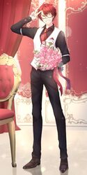  1boy 707_(susanghan_messenger) blush bouquet chair commentary_request flower full_body glasses holding holding_bouquet korean_commentary long_sleeves looking_at_viewer male_focus pants parted_lips red_eyes red_hair saltycaramel smile solo susanghan_messenger teeth v 