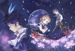  2boys allegretto bad_id bad_pixiv_id blonde_hair blue_eyes blue_umbrella boots capelet closed_eyes feathers female field flower flower_field frederic_chopin_(trusty_bell) grey_hair hat highres knee_boots long_hair multiple_boys pants polka_(trusty_bell) smile susie_481 sword top_hat trusty_bell twintails umbrella weapon 