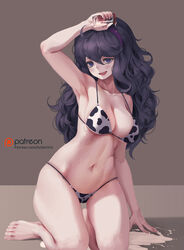  :d animal_print armpits arms_up barefoot bikini blush bottle breasts cleavage commentary_request cow_print female hairband half-closed_eyes hex_maniac_(pokemon) kneeling letdie1414 long_hair md5_mismatch medium_breasts messy_hair milk milk_bottle navel open_mouth photoshop_(medium) pokemon pokemon_xy purple_eyes purple_hair smile solo stomach swimsuit 