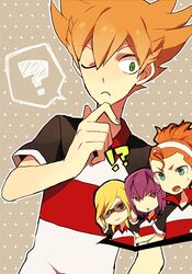  !? 4boys ? bad_id bad_pixiv_id blonde_hair frown green_eyes hairband hayabusa_hideki inazuma_eleven_(series) inazuma_eleven_go inazuma_eleven_go_galaxy kita_ichiban male_focus multiple_boys nishinosora_yoichi one_eye_closed open_mouth orange_hair purple_hair soccer_uniform sportswear tengawara tsukuyomi_03 