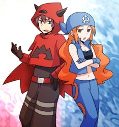  artist_request back-to-back bandana belt black_gloves black_pants black_shirt blue_jacket blue_pants breasts brown_eyes cape cleavage crossed_arms curly_hair fake_horns female gloves homura_(pokemon) hood hoodie horned_headwear izumi_(pokemon) jacket long_hair lowres midriff navel orange_hair pants pokemon pokemon_(game) pokemon_rse purple_eyes purple_hair red_belt red_cape red_hair shirt short_hair short_jacket simple_background source_request team_aqua team_magma tubetop uniform 