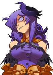  armor armored_dress bad_id bad_tumblr_id bare_shoulders breasts crazy_eyes curly_hair demon_girl elbow_gloves female gloves hair_over_one_eye horns large_breasts long_hair matsuda_yuusuke nise_maou_kanizeru purple_eyes purple_hair sharp_teeth solo taut_clothes teeth upper_body yuusha_to_maou 