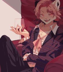  2018 5_fingers alcohol anthro beverage biped blush bottomwear chair chest_tuft claws clothed clothing digital_media_(artwork) fangs felid fingers fully_clothed fur furniture hair half-closed_eyes hi_res holding_glass holding_object looking_at_viewer male mammal narrowed_eyes open_mouth open_smile pants pattern_clothing pink_hair pink_nose portrait pupils red_sclera ribbons shadow sharp_teeth sitting slit_pupils smile solo striped_clothing stripes suit teeth theo_(zuekrz) three-quarter_portrait tongue tuft whiskers white_body white_fur wine yellow_eyes zuekrz 