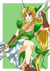  absurdres blonde_hair blue_eyes boots bow breasts brown_footwear commentary_request dress female forehead_jewel gloves green_bow green_dress hairbow helmet highres holding holding_weapon long_hair low-tied_long_hair photoshop_(medium) polearm riesz sangyou_haikibutsu_a seiken_densetsu seiken_densetsu_3 solo spear very_long_hair weapon 