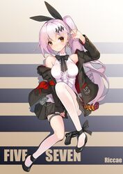  adjusting_hair between_legs black_footwear black_panties bow breasts buttons commentary_request earrings female five-seven_(girls&#039;_frontline) fn_five-seven footwear_ribbon girls&#039;_frontline gun hair_ornament hairbow hand_between_legs handgun high_collar jacket jewelry korean_commentary leg_up long_hair looking_at_viewer medium_breasts panties pantyhose pleated_skirt ponytail riccae signature skirt sleeveless smile smiley_face solo striped striped_background underwear unworn_jacket weapon white_hair white_pantyhose yellow_eyes 