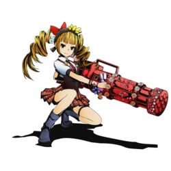  black_hairband blonde_hair bow brown_eyes divine_gate drill_hair female full_body gun hairband hairbow holding holding_gun holding_weapon long_hair looking_at_viewer machine_gun mayu_(road_to_dragons) necktie official_art on_one_knee pleated_skirt red_bow red_necktie road_to_dragons school_uniform shadow skirt smile solo thigh_strap transparent_background twin_drills ucmm weapon 