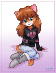  adolescent aikon anthro apple_inc. biped boots bottomwear clothing denim denim_bottomwear denim_clothing electronics felid female footwear hoodie ipod jeans mammal pants portable_music_player sherry simple_background sitting smile solo topwear white_background young 