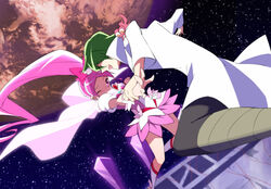  1boy boots bow brooch cape commentary_request cure_blossom dune_(heartcatch_precure!) dutch_angle female flight_cape_(precure) green_hair hanasaki_tsubomi heart heart_brooch heartcatch_precure! high_ponytail holding_another&#039;s_wrist jewelry knee_boots long_hair magical_girl one_eye_closed pink_bow pink_eyes pink_hair planet ponytail precure skirt yui_(kanatamoo) 