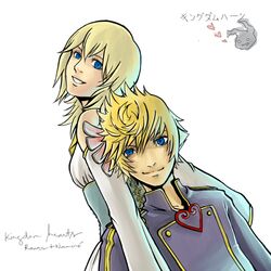  1boy alternate_costume blonde_hair blue_eyes breasts commentary_request dress female kingdom_hearts kingdom_hearts_ii medium_hair namine roxas short_hair surfacage 