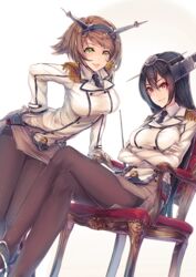  bad_id bad_pixiv_id banned_artist black_hair breasts brown_hair cosplay crossed_arms crossed_legs double-breasted dress_shirt epaulettes gloves green_eyes hand_on_hip headgear kantai_collection katori_(kantai_collection) katori_(kantai_collection)_(cosplay) kyara36 large_breasts legs long_hair looking_at_viewer military military_uniform miniskirt multiple_girls mutsu_(kantai_collection) nagato_(kantai_collection) necktie pantyhose red_eyes riding_crop shirt short_hair simple_background sitting skirt smile uniform 