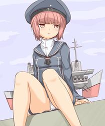  bad_id bad_pixiv_id blush clothes_writing cloud day female hat kantai_collection machinery muroi_(fujisan0410) neckerchief panties pantyshot pink_eyes pink_hair sailor_collar sailor_hat short_hair sitting sky solo underwear white_panties z3_max_schultz_(kancolle) 