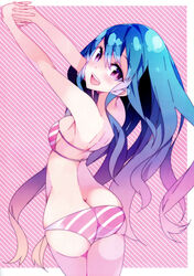  :d absurdres ass bikini blue_hair breasts butt_crack copyright_request cowboy_shot female from_behind haruse_hiroki highres long_hair looking_back medium_breasts open_mouth photoshop_(medium) purple_eyes scan sideboob smile solo stretching striped_bikini striped_clothes swimsuit very_long_hair 