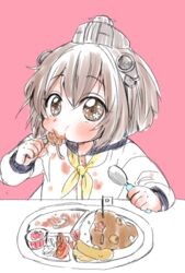  bad_id bad_twitter_id brown_hair curry curry_rice dress eating female food full_mouth japanese_flag kantai_collection messy okosama_lunch onigiri_noka pasta pink_background puffy_cheeks rice sailor_dress short_hair solo spaghetti spoon tempura tomato utensil_in_mouth yukikaze_(kancolle) 