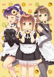  3girls :d ;d alternate_costume apron apron_hold black_legwear braid brown_eyes brown_hair commentary_request cowboy_shot doughnut elbow_gloves enmaided food french_braid gloves green_eyes hair_ribbon hand_on_own_hip hand_to_forehead holding holding_food kashiwagi_sumika kneehighs kujou_ume maid multiple_girls one_eye_closed open_mouth patterned_background petticoat ponytail purple_hair red_eyes ribbon saeki_hina short_hair short_sleeves sleeveless smile socks standing standing_on_one_leg thighhighs tokyo_7th_sisters waist_apron wanibuchi_emoko yellow_background 