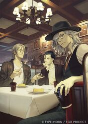  3boys antonio_salieri_(fate) black_hair closed_eyes coffee commentary_request contemporary cup disposable_coffee_cup disposable_cup eating edmond_dantes_(fate) fate/grand_order fate_(series) fedora fork glasses grey_hair hair_slicked_back hat head_rest jewelry multiple_boys necktie official_art plate ring sherlock_holmes_(fate) table watermark yuu_kikuchi 