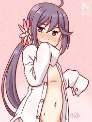  ahoge akebono_(kancolle) bell blush breasts collared_shirt commentary_request covering_own_mouth dress_shirt female flower gradient_background hair_bell hair_flower hair_ornament jingle_bell kanon_(kurogane_knights) kantai_collection no_panties nose_blush open_clothes open_shirt out-of-frame_censoring pink_background purple_eyes purple_hair shirt side_ponytail sleeves_past_fingers sleeves_past_wrists small_breasts solo standing white_shirt 