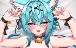  5danny1206 :d animal_ear_fluff animal_ears aqua_hair aqua_nails arms_up bare_shoulders bed_sheet bell black_choker black_ribbon blue_eyes blue_hair blue_nails blush breasts cat_ears choker close-up collar fangs female fingernails hair_bell hair_between_eyes hair_intakes hair_ornament hair_ribbon hands_up heart heart-shaped_pupils heavy_breathing highres jingle_bell long_hair looking_at_viewer lying nail_polish neck_bell oerba_yun_fang on_back open_mouth out-of-frame_censoring ribbon rindo_(vrchat) skin_fang smile solo symbol-shaped_pupils upper_body vrchat wrist_ribbon x_hair_ornament 