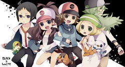  2girls 3boys :d ahoge baseball_cap bianca_(pokemon) black_hair blonde_hair blue_eyes blue_jacket breasts brown_hair cheren_(pokemon) commentary_request green_eyes hat hilbert_(pokemon) hilda_(pokemon) jacket long_hair looking_at_viewer mata multiple_boys multiple_girls n_(pokemon) open_mouth oshawott poke_ball pokemon pokemon_(creature) pokemon_bw short_hair short_shorts shorts smile snivy starter_pokemon_trio tepig 