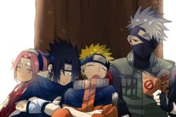  3boys against_tree bad_id bad_pixiv_id black_hair blonde_hair book closed_eyes facial_mark female forehead_protector grey_hair hatake_kakashi jomae_dayo multiple_boys naruto naruto_(series) oerba_yun_fang open_mouth pink_hair sakura_haruno shade sleeping sleeping_on_person spiked_hair tree uchiha_sasuke uzumaki_naruto whisker_markings 