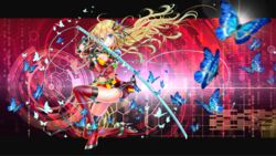  bad_id bad_pixiv_id binary blonde_hair blue_eyes boots breasts bug butterfly commentary_request digital_rain elbow_gloves female flower gloves hair_flower hair_ornament hexagon highres lily_(vocaloid) long_hair looking_at_viewer medium_breasts ribbon sakura_moyon skirt solo sword thigh_boots thighhighs vocaloid weapon 