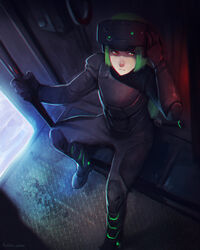  bad_deviantart_id bad_id body_armor borrowed_character female green_hair long_hair original photoshop_(medium) roguetwo rynn_(acerailgun) signature sitting solo visor yellow_eyes 