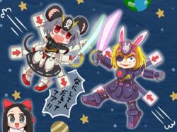  3girls :3 algodoo alice_margatroid animal_ears black_hair blonde_hair blue_eyes blush bow commentary_request cookie_(touhou) crossbone_gundam crossbone_gundam_x-1 crossbone_gundam_x-2 cutlass enperuto_(yarumi) eye_reflection eyepatch facial_mark food fruit grey_hair gundam hairband hairbow hakurei_reimu highres holding holding_sword holding_weapon ichigo_(cookie) long_hair looking_at_another looking_at_viewer manatsu_no_yo_no_inmu mouse_ears multiple_girls nazrin nyon_(cookie) open_mouth parody partial_commentary red_bow red_eyes reflection shiromiya_rei smile source_quote_parody space speech_bubble strawberry sword touhou translated weapon whisker_markings 