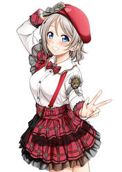  arm_up beret blue_eyes bow bowtie breasts commentary_request cowboy_shot female genki_zenkai_day!_day!_day! grey_hair hat looking_at_viewer love_live! love_live!_sunshine!! medium_breasts photoshop_(medium) short_hair simple_background smile solo suspenders suzume_miku v watanabe_you white_background 