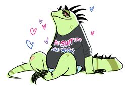  2018 belly breasts clothing dewlap_(anatomy) digital_media_(artwork) english_text eyelashes female green_iguana gular_flap half-closed_eyes heart_symbol hi_res iguana iguana_(genus) iguanid lizard narrowed_eyes nobby_(artist) non-mammal_breasts overweight overweight_female panties pink_eyes reptile scalie shirt simple_background smile solo sub-tympanic_shield text text_on_clothing text_on_shirt text_on_topwear topwear underwear white_background 