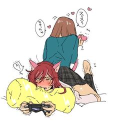  1boy animal_ears anzu_(ensemble_stars!) barefoot black_pants black_skirt blush brown_hair cat_ears cat_tail commentary_request controller dualshock ensemble_stars! female game_controller gamepad gioha heart kemonomimi_mode lying on_stomach pants pillow pillow_bite plaid plaid_pants plaid_skirt playing_games playstation_controller red_hair sakasaki_natsume school_uniform simple_background sitting sitting_backwards sitting_on_person skirt sweat tail translated trembling uncommon_stimulation white_background yumenosaki_school_uniform 