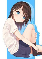  black_socks blouse blue_eyes blue_skirt blush brown_hair closed_mouth commentary_request female from_side highres knee_up light_smile long_hair looking_at_viewer original ribbed_legwear school_uniform shirt short_sleeves silhouette sitting skirt smile socks solo uniform warabimochi_kinako white_shirt 