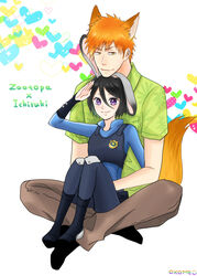  1boy animal_ears black_hair bleach blue_pants blue_shirt brown_pants closed_mouth collared_shirt commentary_request copyright_name cosplay couple female fox_ears fox_tail green_shirt hair_between_eyes happy heart heart_background highres hug judy_hopps judy_hopps_(cosplay) kuchiki_rukia kurosaki_ichigo looking_at_viewer nick_wilde nick_wilde_(cosplay) no_shoes okome_(haku_maimai) on_lap orange_hair pants police police_uniform purple_eyes rabbit_ears salute shinigami shirt short_hair short_sleeves signature simple_background sitting smile socks straight tail typo uniform white_background yellow_eyes zootopia 