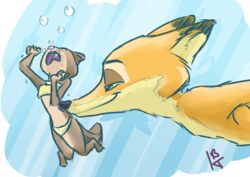  2017 anthro bikini canid canine clothed clothing disney duo female fox ittybittykittytittys kris_(zootopia) male mammal mustelid nick_wilde nuzzling otter size_difference smile swimwear underwater water zootopia 