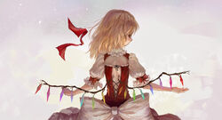  alternate_hairstyle back blonde_hair commentary_request dress female flandre_scarlet highres light_particles looking_at_viewer looking_back no_headwear outstretched_arms partial_commentary photoshop_(medium) puffy_sleeves red_dress red_eyes ribbon sash shirt short_sleeves solo touhou tuzki wings 