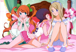  3girls absurdres blonde_hair blue_eyes blue_hair blush brown_hair chemise closed_eyes green_legwear highres legs multiple_girls non-web_source nyantype official_art pink_shorts princess short_hair short_shorts shorts socks thighhighs tsubaki_kureha twintails white_shorts yuri yuri_kuma_arashi yurigasaki_lulu yurishiro_ginko zettai_ryouiki 