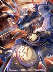  1boy commentary_request company_name fire_emblem fire_emblem_cipher fire_emblem_fates full_body gloves grey_hair horse jakob_(fire_emblem) kunai long_hair low_ponytail male_focus official_art purple_eyes setsu_albatross solo staff weapon 