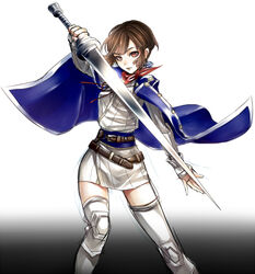  bad_id bad_pixiv_id belt blunt_bangs brown_hair coat female isabeau_(megami_tensei) oro_(sumakaita) red_eyes shin_megami_tensei shin_megami_tensei_iv short_hair sword weapon 