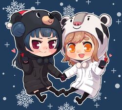  &gt;:) 2018_winter_olympics 2girls :d animal_hood bandabi bear_hood black_coat black_footwear black_gloves black_socks blue_hair blush brown_hair chibi coat commentary dodapan full_body gloves hair_bun hat hood hood_up kunikida_hanamaru long_hair long_sleeves looking_at_viewer love_live! love_live!_sunshine!! multiple_girls olympics open_mouth outline pom_pom_(clothes) protected_link purple_eyes red_hat round_teeth santa_hat shoes single_side_bun smile snowflakes snowing socks soohorang sparkle teeth thick_eyebrows tiger_hood tsushima_yoshiko upper_teeth_only v-shaped_eyebrows white_coat white_outline yellow_eyes 