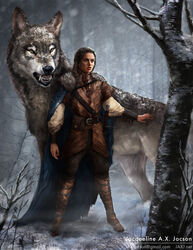  angry arya_stark black_nose canid canine canis clothing dire_wolf extinct female feral fur game_of_thrones hair hi_res human human_focus male mammal monsterling_(artist) not_furry_focus nymeria plant prehistoric_species teeth text tree url wolf yellow_eyes 