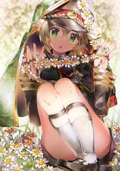  cape flower green_eyes hair_flaps hat hotarumaru legs looking_at_viewer male_focus namie-kun shoes shorts sitting sock_garters socks solo touken_ranbu 