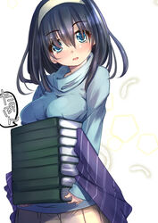  black_hair blue_eyes blush book book_stack commentary_request feathers female gaichi hairband holding holding_book idolmaster idolmaster_cinderella_girls long_hair long_sleeves open_mouth sagisawa_fumika shawl solo 