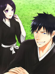  1boy :d black_hair black_kimono bleach blue_eyes commentary_request crossed_arms female grass hair_between_eyes happy highres japanese_clothes kimono kuchiki_rukia looking_at_viewer medium_hair okome_(haku_maimai) open_mouth outdoors purple_eyes shiba_kaien shinigami smile 