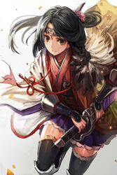  absurdres armor black_hair brown_eyes coat commentary_request feathers female flower gauntlets hair_flower hair_ornament headband highres matsumoto_mitsuaki ouka_(toukiden) photoshop_(medium) skirt smile solo sword thighhighs toukiden weapon zettai_ryouiki 