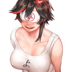  :d black_hair blindfold breasts collarbone commentary_request covered_eyes covered_nipples female indie_virtual_youtuber minori_yumeko open_mouth scoop_neck shu-mai simple_background sleeves_rolled_up smile solo teeth virtual_youtuber white_background 