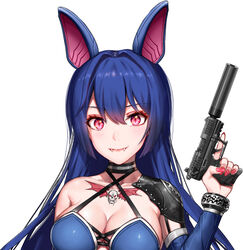  animal_ears arm_at_side armor bad_id bad_pixiv_id bat_ears blue_hair bracelet breasts cleavage closed_mouth collarbone commentary_request corset criss-cross_halter crossed_legs detached_sleeves fake_animal_ears fangs female greem_bang gun hair_between_eyes hair_intakes halterneck handgun holding holding_gun holding_weapon jewelry large_breasts long_hair looking_at_viewer nail_polish original pauldrons pink_eyes red_nails shiny_skin shoulder_armor sidelocks simple_background single_bare_shoulder single_pauldron skindentation smile solo standing suppressor tattoo trigger_discipline veins veiny_breasts very_long_hair walther_p22 weapon white_background 