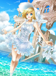  bad_id bad_pixiv_id blonde_hair blue_eyes cloud day dress female happy hat high_heels holding holding_shoes legs ocean original photoshop_(medium) ruins sandals shoes short_hair sky solo unworn_shoes water yuzu_5101 