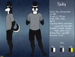  2018 4_toes anthro barefoot biped black_body black_fur black_nose black_sclera canid canine canis claws clothed clothing conditional_dnp digital_media_(artwork) domestic_dog double_thumbs_up english_text feet fur gesture hand_gesture hat headgear headwear hi_res husky looking_at_viewer male mammal model_sheet nordic_sled_dog plantigrade ratte smile solo spitz standing text thehuskyk9 thumbs_up toe_claws toes top_hat white_body white_fur yellow_eyes 