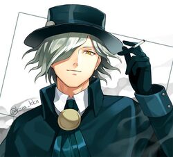  1boy commentary_request edmond_dantes_(fate) fate/grand_order fate_(series) fedora gloves hair_over_one_eye hat kaidou_j1 looking_at_viewer male_focus simple_background smile smoke solo wavy_hair white_background white_hair yellow_eyes 