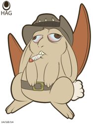  2014 3:4 ambiguous_gender avencri belt bloodshot_eyes brown_eyes buckteeth clothing derp_eyes drugs feral front_view gort hat headgear headwear lagomorph leporid long_ears mammal marijuana pocket_(pocket) rabbit simple_background smoking solo teeth white_background 